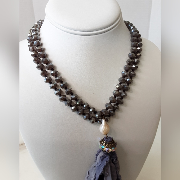 Faucet Crystal Rondelle Baroque Pearl AB Crystal Fabric Tassel Long Necklace 48" - Picture 3 of 11